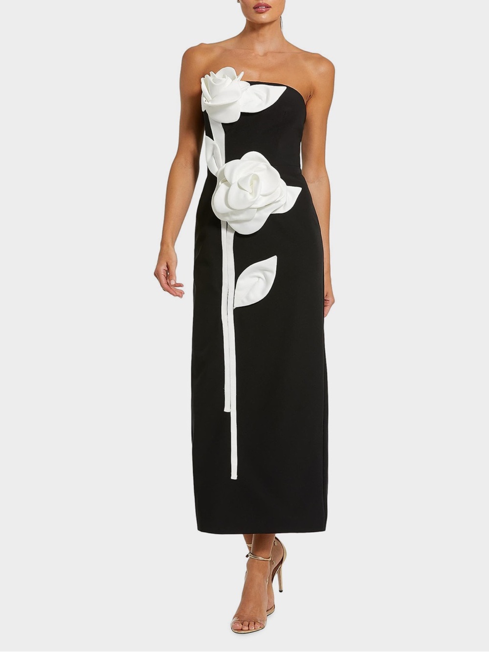 Mac Duggal Strapless Black Gown with White Floral Appliqué
